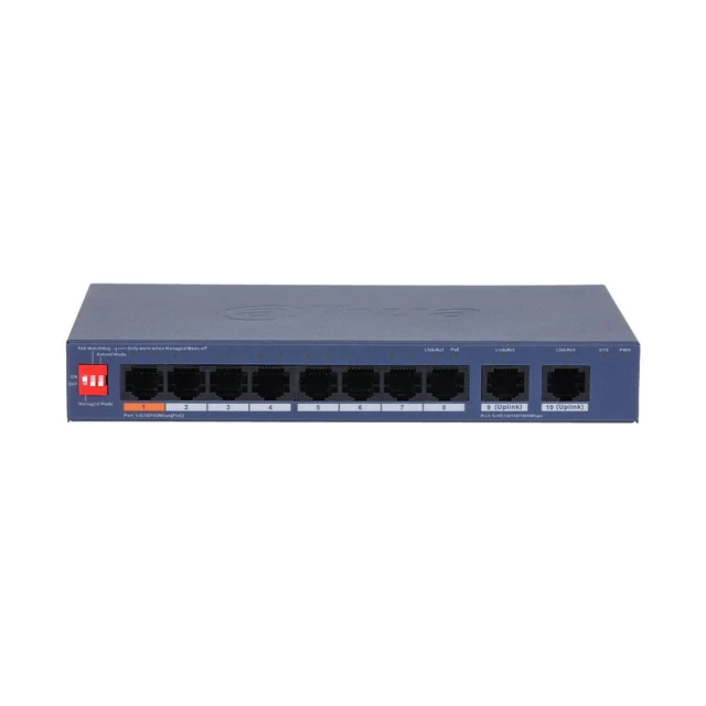 Switch cu 10 porturi Dahua CS4010-8ET2GT-60, 8 porturi PoE 10/100 Mbps, 2 porturi uplink Gigabit, buget 60 W, watchdog, management cloud