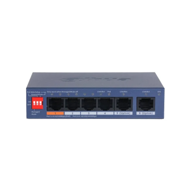 Switch PoE cu 6 porturi Dahua CS4006-4ET2GT-60, buget 60 W, 4x PoE 10/100 Mbps, 2x Gigabit uplink, Layer 2, cu management
