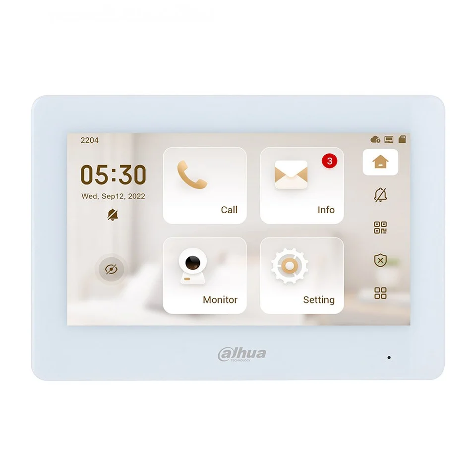 Videointerfon de interior IP WiFi Dahua VTH5421HW-W, ecran 7 inch, 2.4GHz, touchscreen, slot card, difuzor, aparent, 6 intrari alarma, PoE, alb