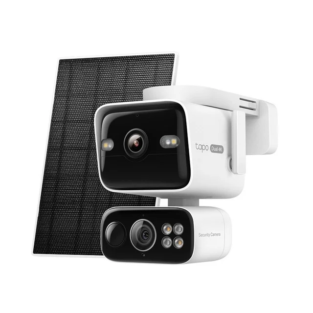 Kit camera supraveghere exterior wireless PT WiFi cu panou solar si lentila duala TP-Link Tapo C675D, 2 x 4K, 2.53 mm + 6 mm, IR/lumina alba 16 m, PIR, detectie AI, 10000mAh, alarma, micr…