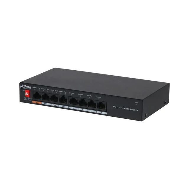 Switch cu 8 porturi Gigabit Dahua PFS3008-8GT-60-V2, 4 porturi PoE, RJ45 10/100/1000Mbps, 8K MAC, 20 Gbps, PoE watchdog, buget 60W, fara management