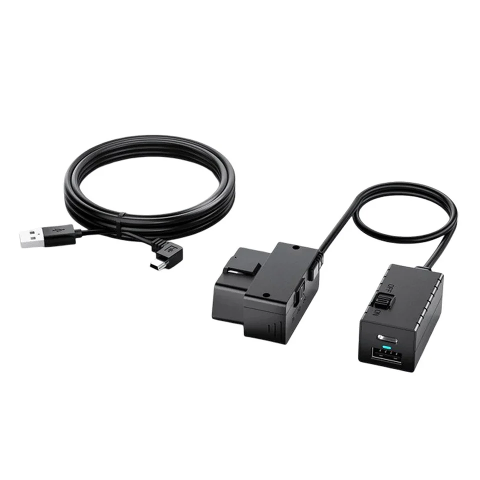 Kit cablu adaptor hardwire Mini-USB OBD II pentru camere auto Viofo OP100, alimentare continua, port incarcare telefon Type-C