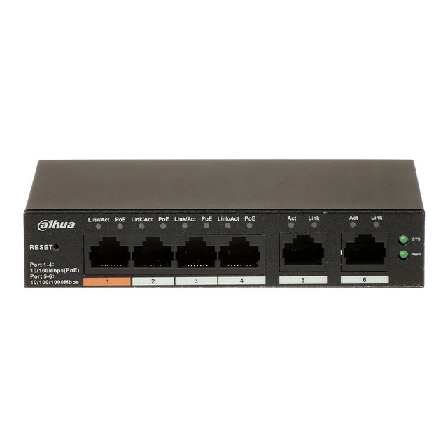 Switch cu 6 porturi Dahua CS4006-4ET-60, 4 porturi PoE 10/100 Mbps, 2 porturi uplink Gigabit, cu cloud management